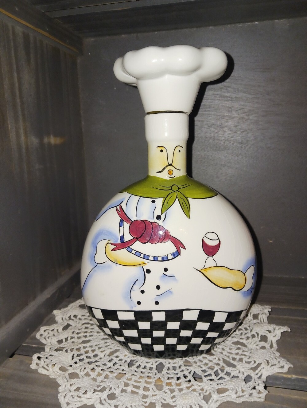 Hand-Painted White Ceramic Chef Decanter with Green Accent